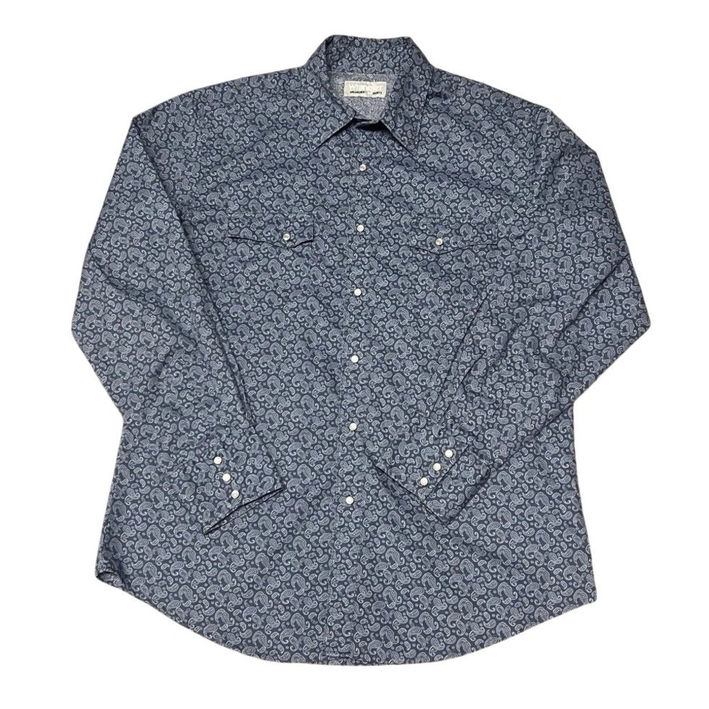 Wrangler‎ Men's Large Blue Paisley Western Shirt Pearl Snap Long Sleeve Cowboy